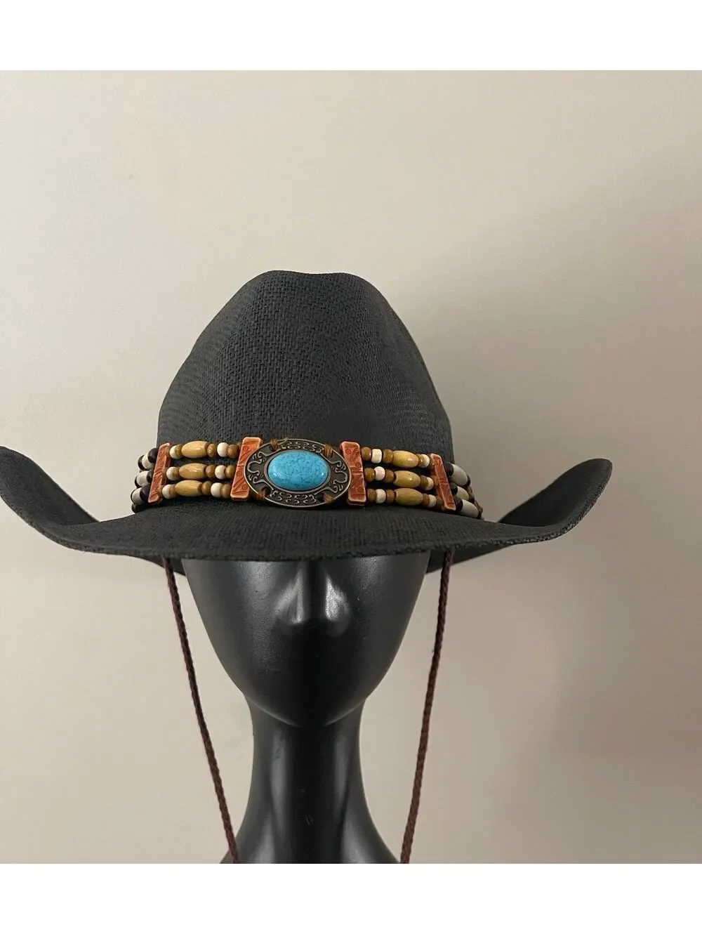 WESTERN TURQUOISE ACCENT WOOD BAND TRIM COWBOY HAT